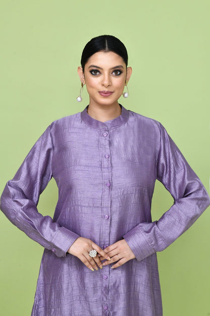 Designer Wear Lavender Silk Co-Ord Set Featuring Sleeveless Inner and Long Shirt Jacket - Simaaya