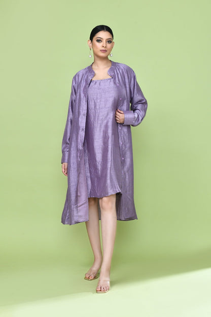Designer Wear Lavender Silk Co-Ord Set Featuring Sleeveless Inner and Long Shirt Jacket - Simaaya