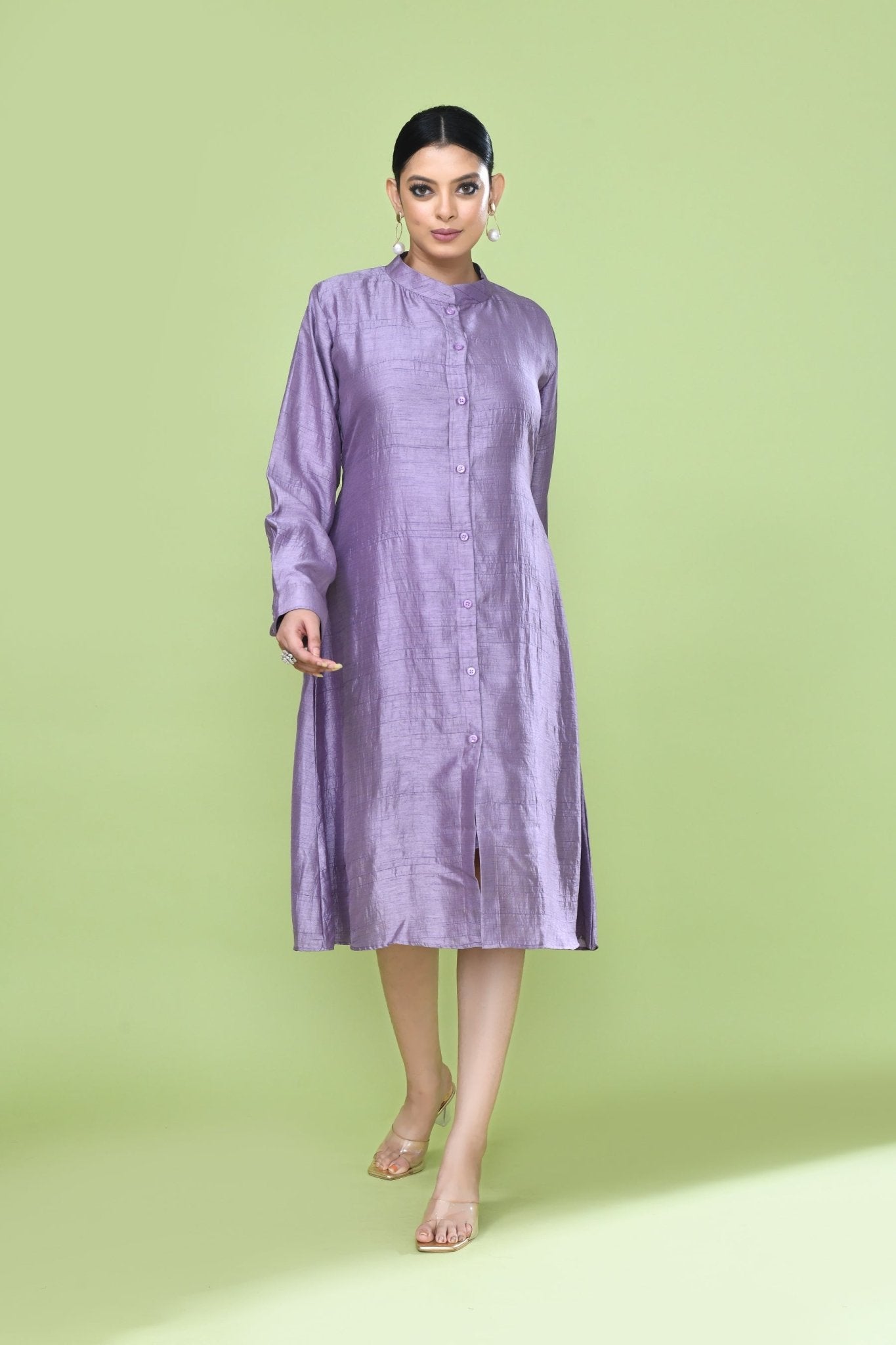 Designer Wear Lavender Silk Co-Ord Set Featuring Sleeveless Inner and Long Shirt Jacket - Simaaya