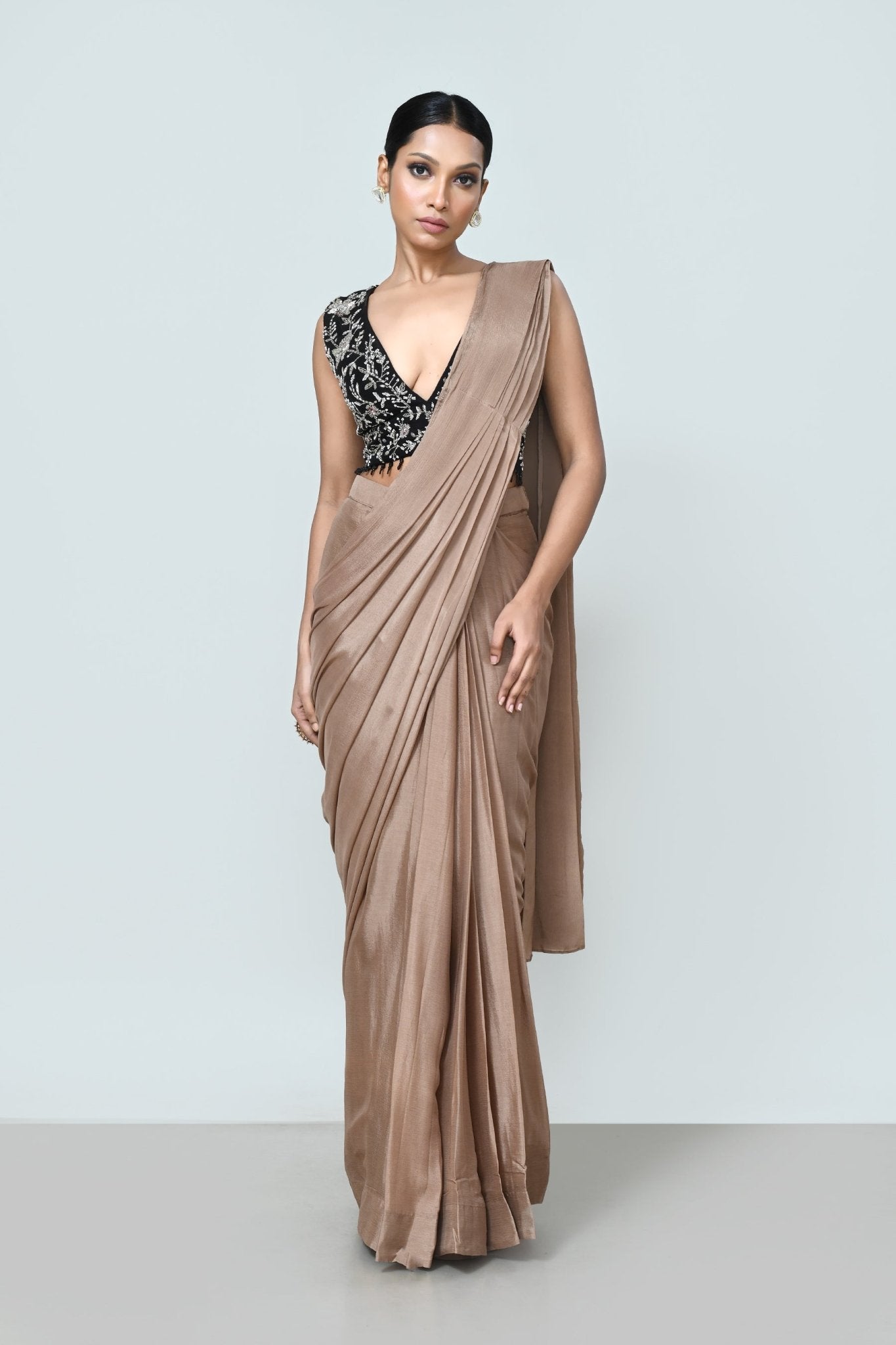 Designer Wear Light Brown Chinon Chiffon Drape Saree - Simaaya