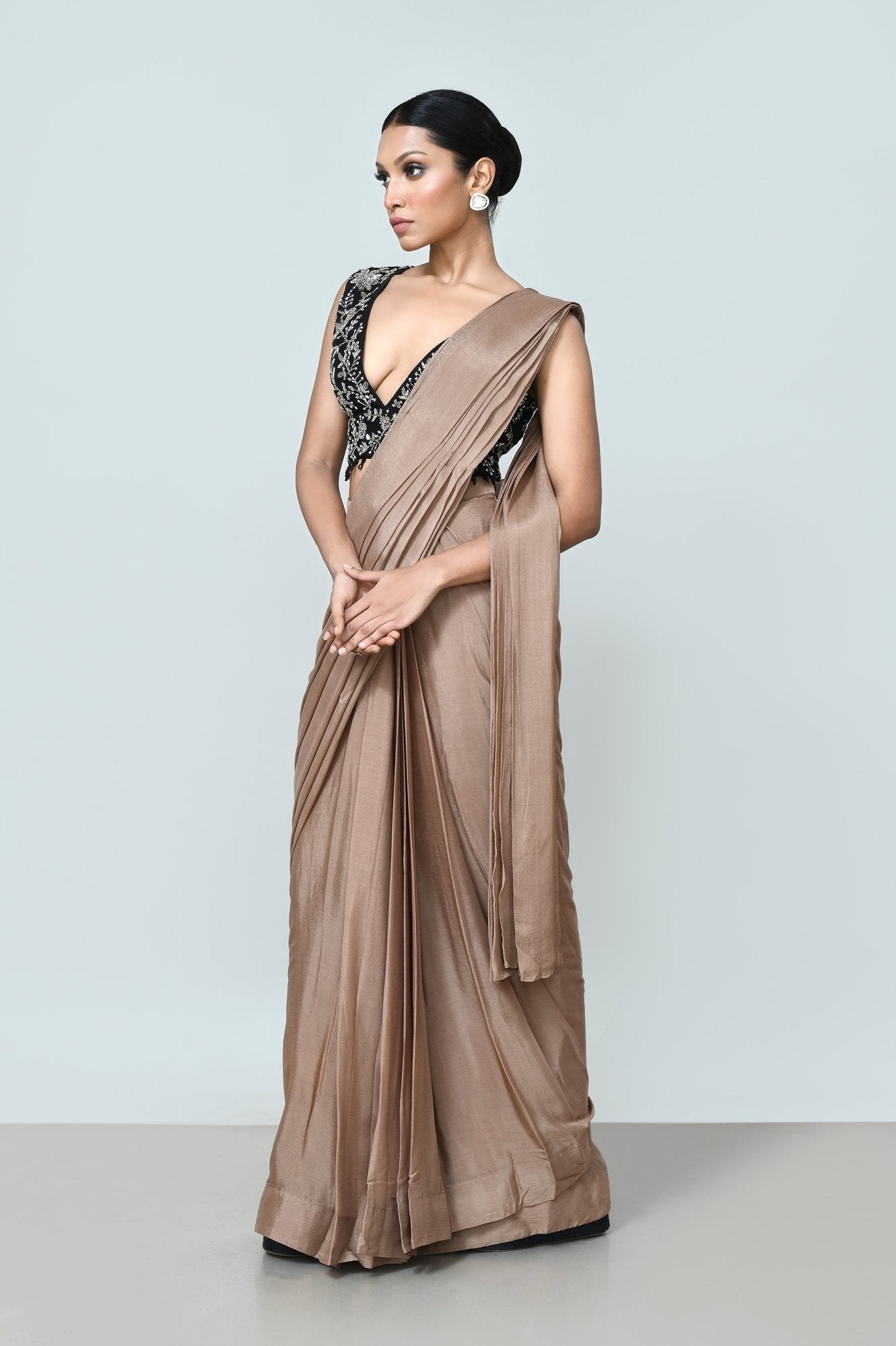 Designer Wear Light Brown Chinon Chiffon Drape Saree - Simaaya