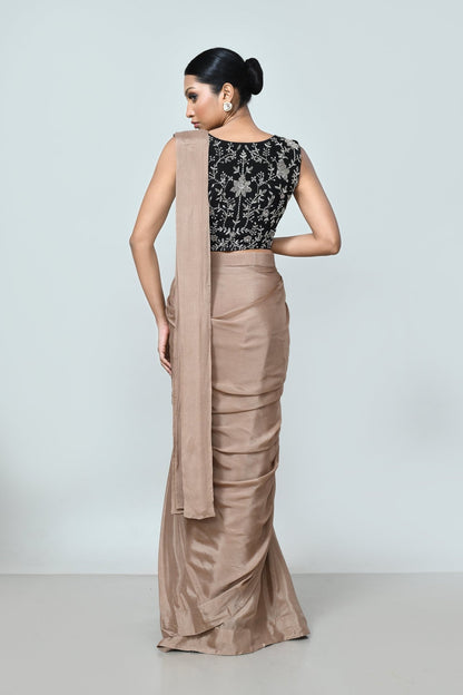 Designer Wear Light Brown Chinon Chiffon Drape Saree - Simaaya