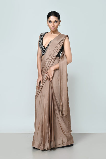 Designer Wear Light Brown Chinon Chiffon Drape Saree - Simaaya