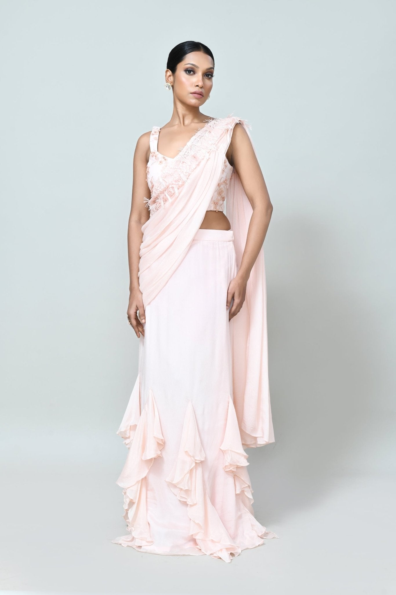 Designer Wear Light Peach Chinon Chiffon Drape Saree - Simaaya