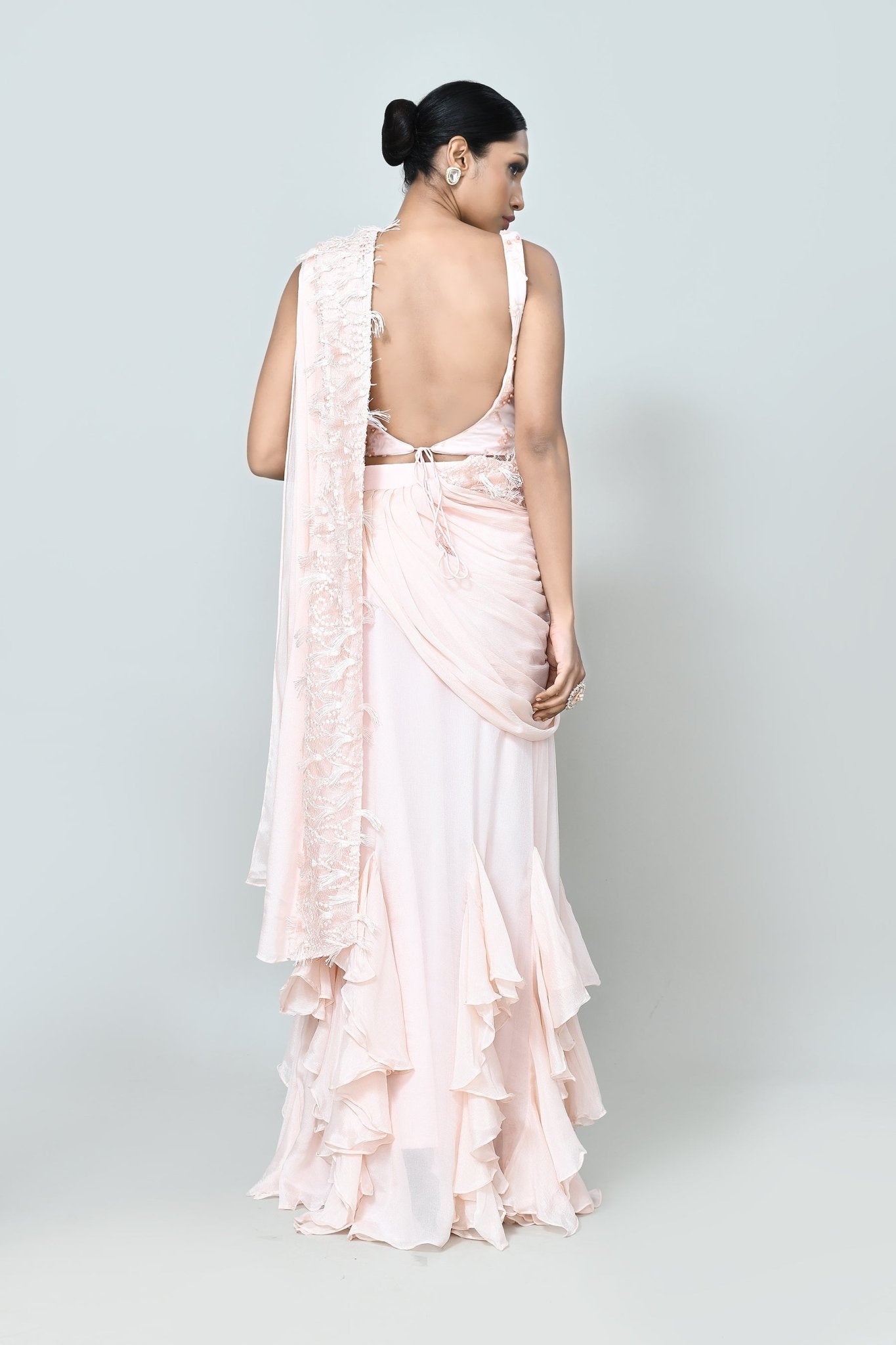 Designer Wear Light Peach Chinon Chiffon Drape Saree - Simaaya
