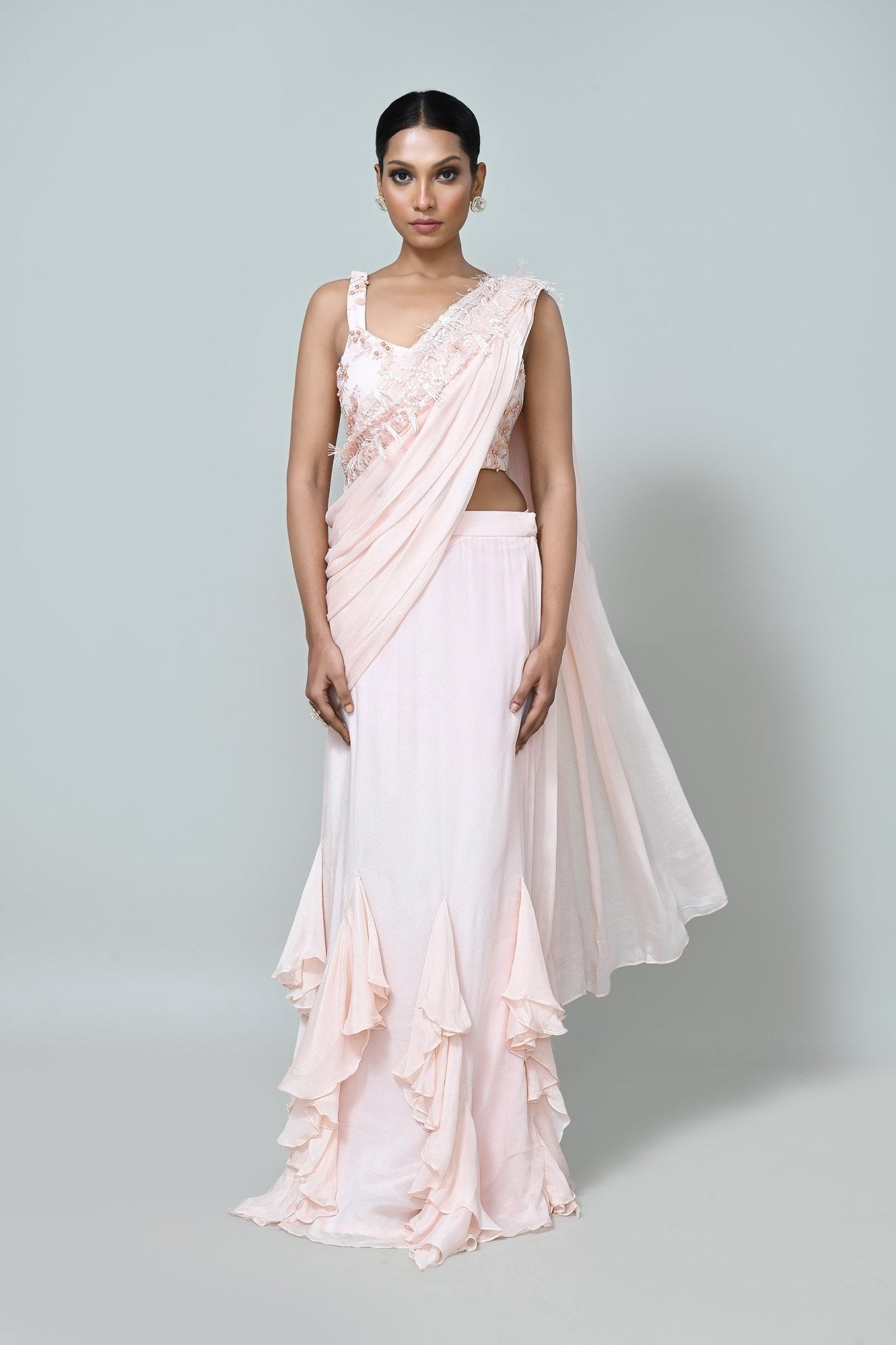 Designer Wear Light Peach Chinon Chiffon Drape Saree - Simaaya