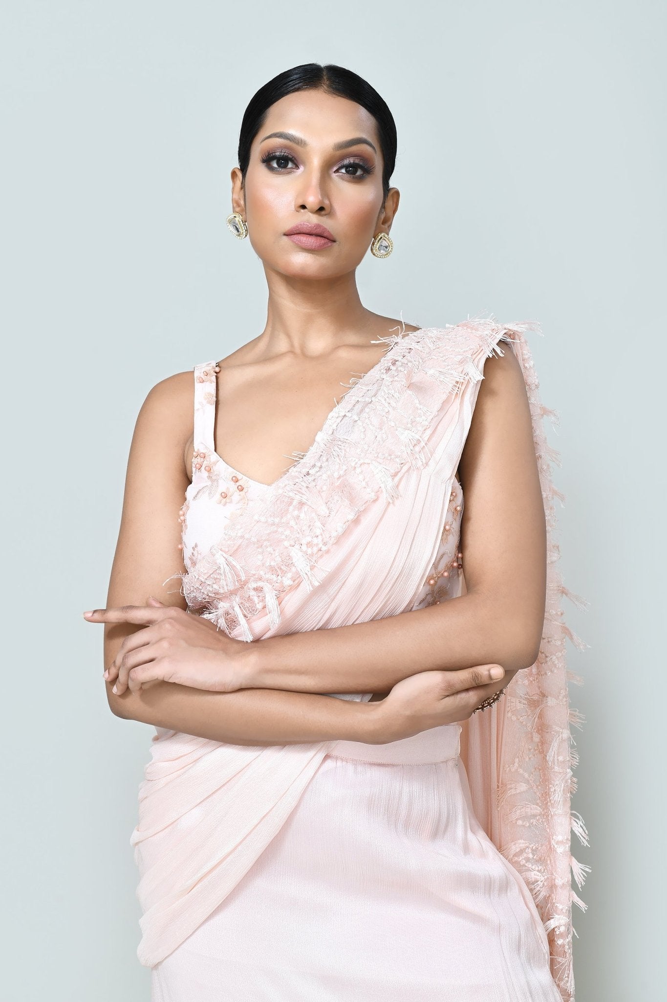 Designer Wear Light Peach Chinon Chiffon Drape Saree - Simaaya