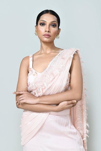 Designer Wear Light Peach Chinon Chiffon Drape Saree - Simaaya