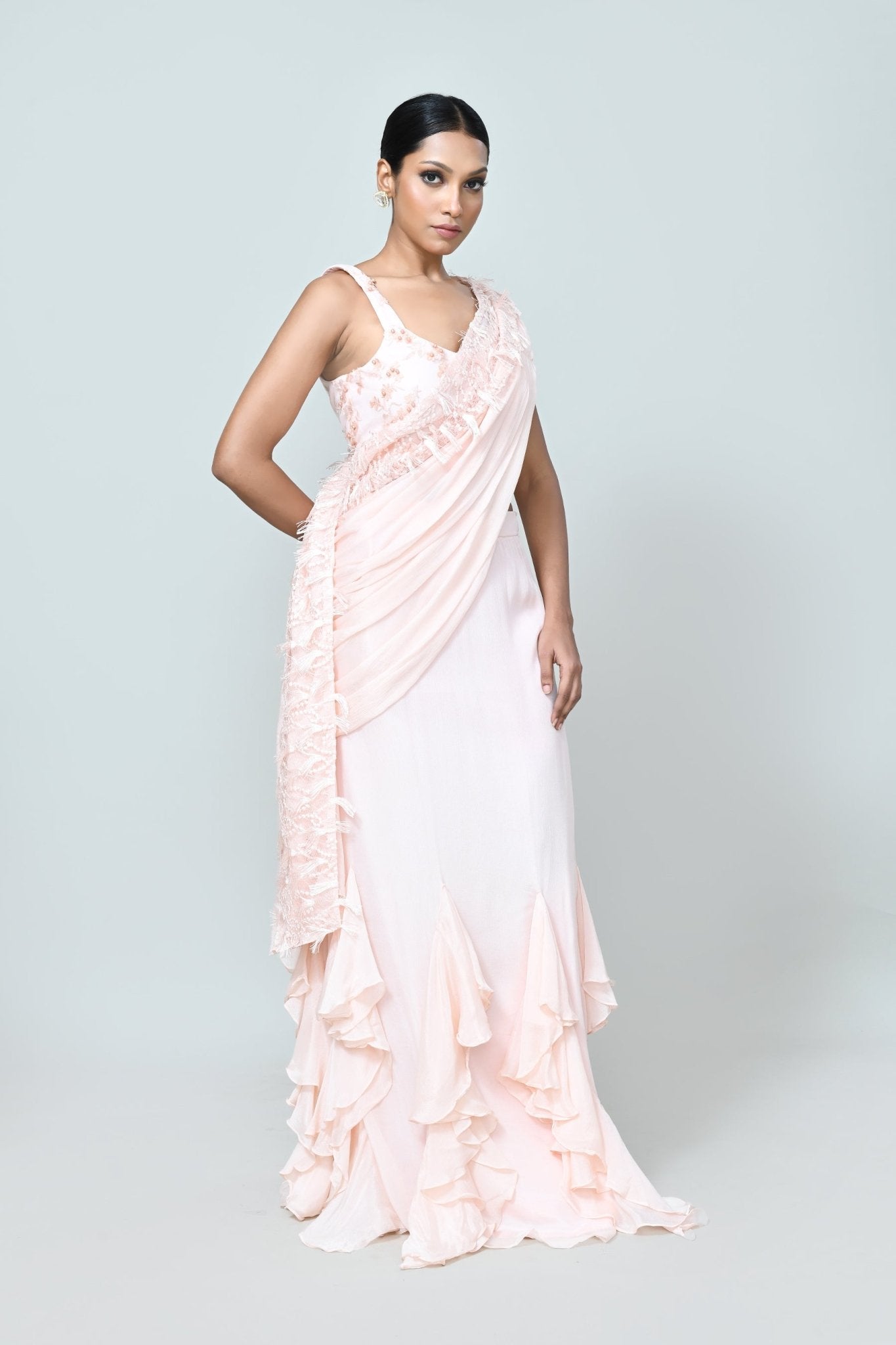 Designer Wear Light Peach Chinon Chiffon Drape Saree - Simaaya