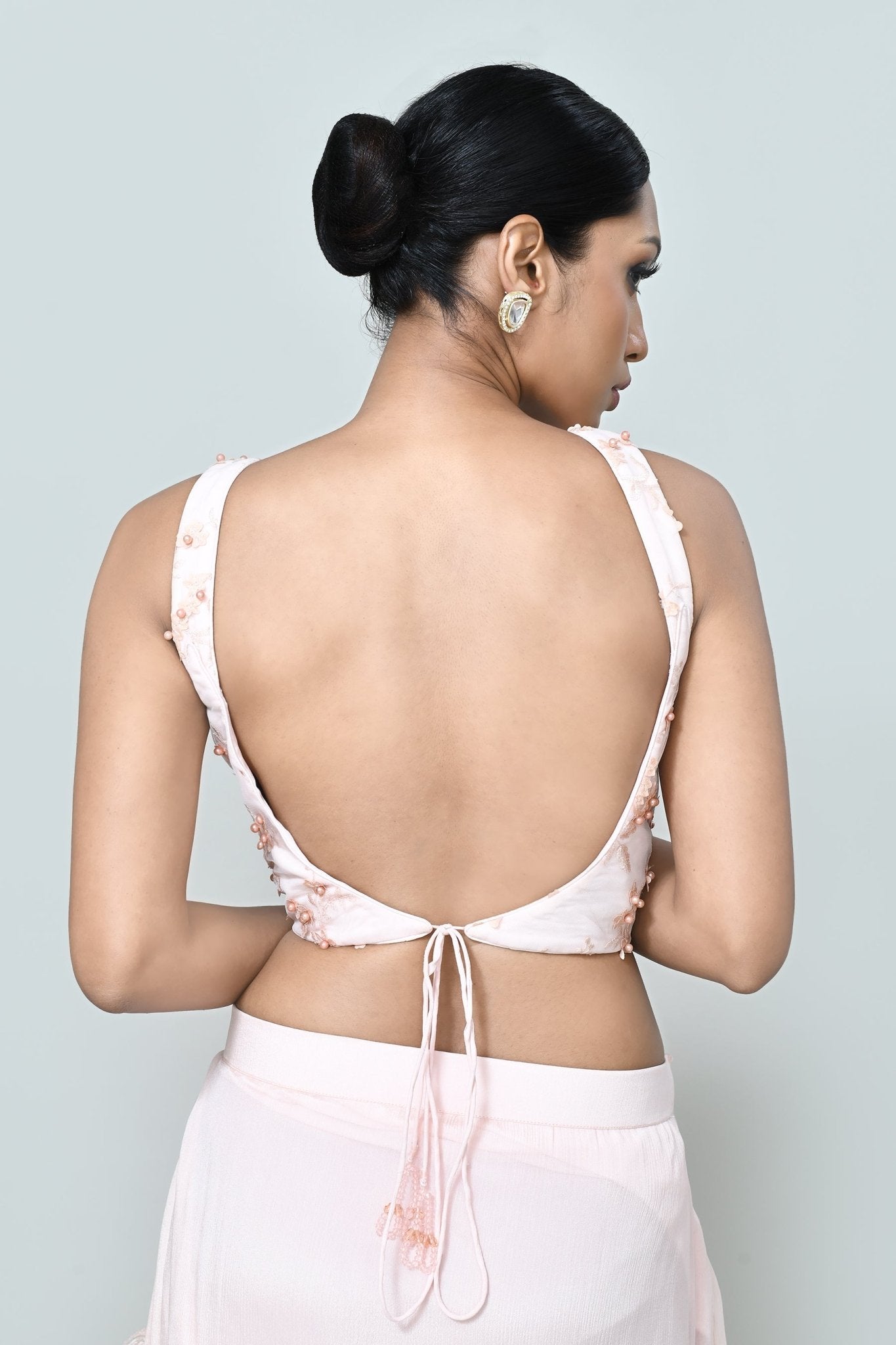Designer Wear Light Peach Chinon Chiffon Drape Saree - Simaaya