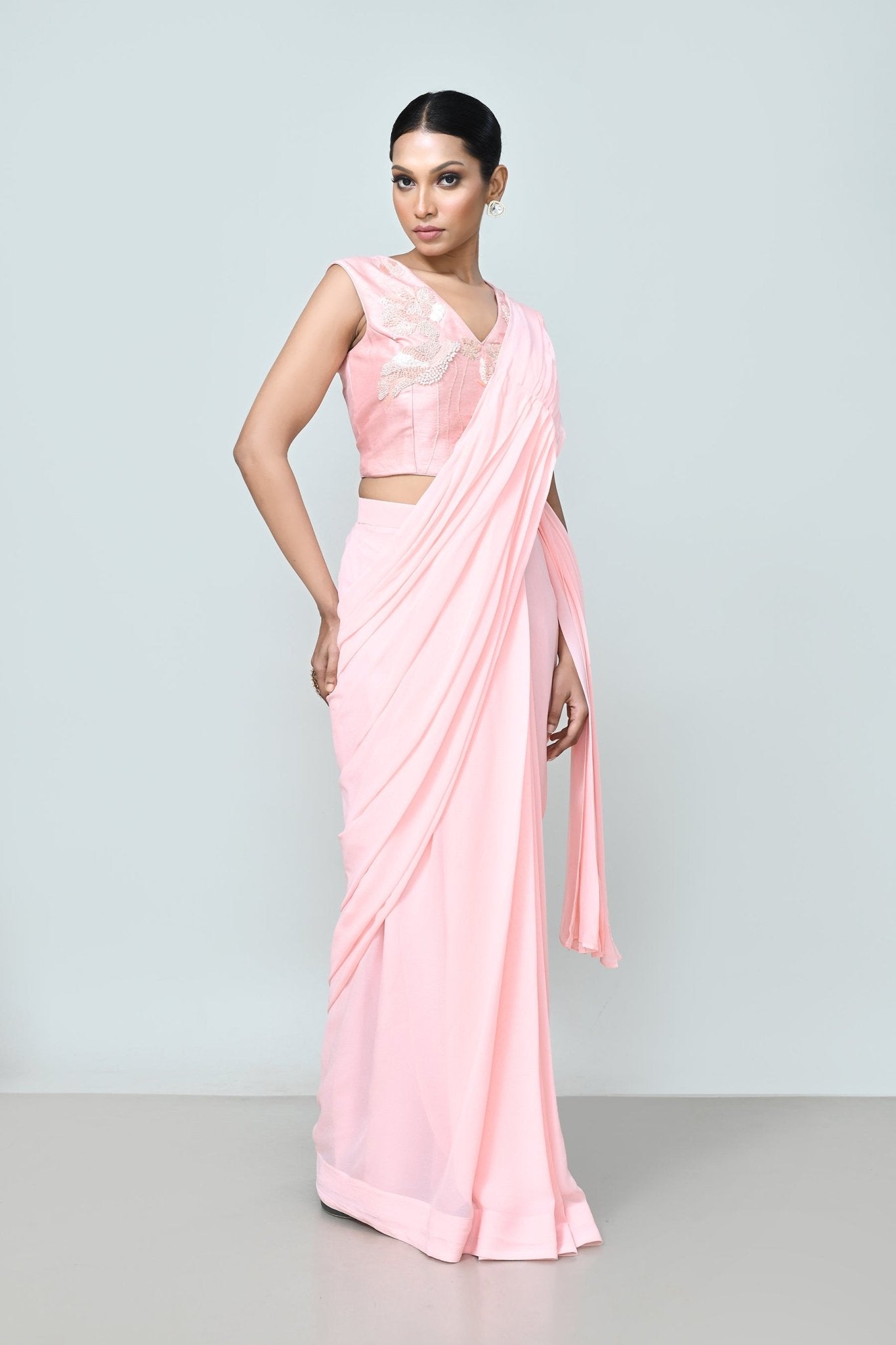 Designer Wear Light Pink Georgette Drape Saree - Simaaya