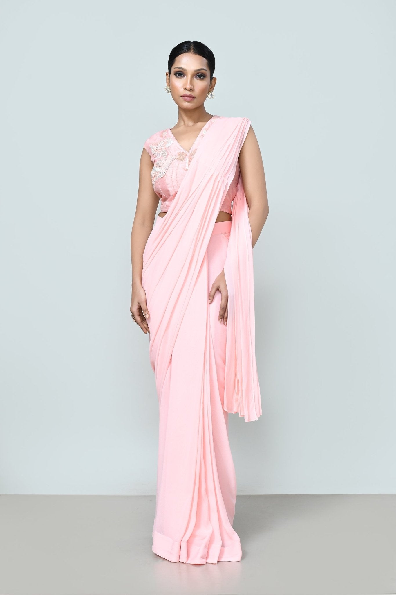 Designer Wear Light Pink Georgette Drape Saree - Simaaya