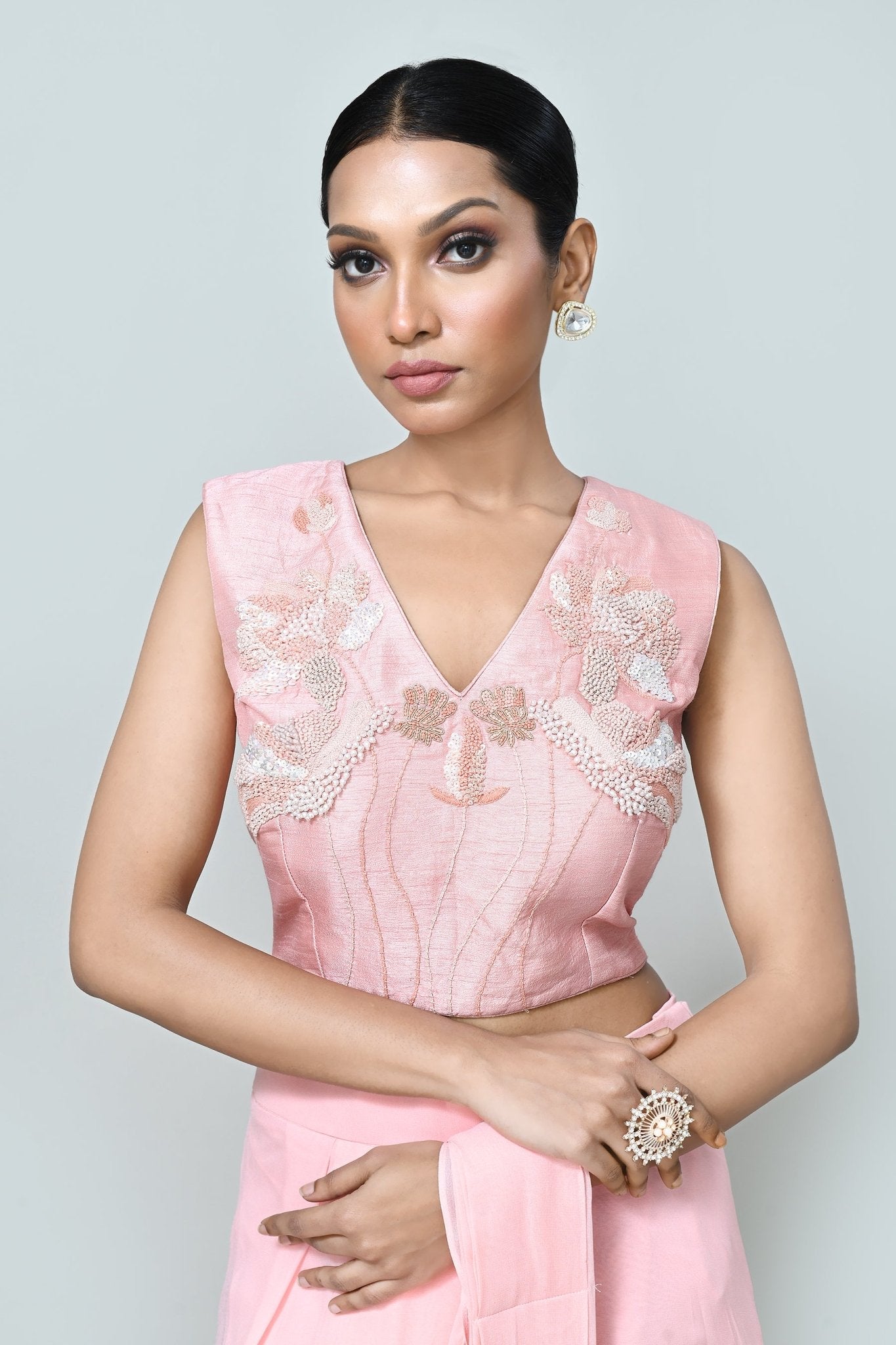 Designer Wear Light Pink Georgette Drape Saree - Simaaya