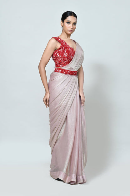 Designer Wear Light Pink Shimmer Chiffon Drape Saree - Simaaya