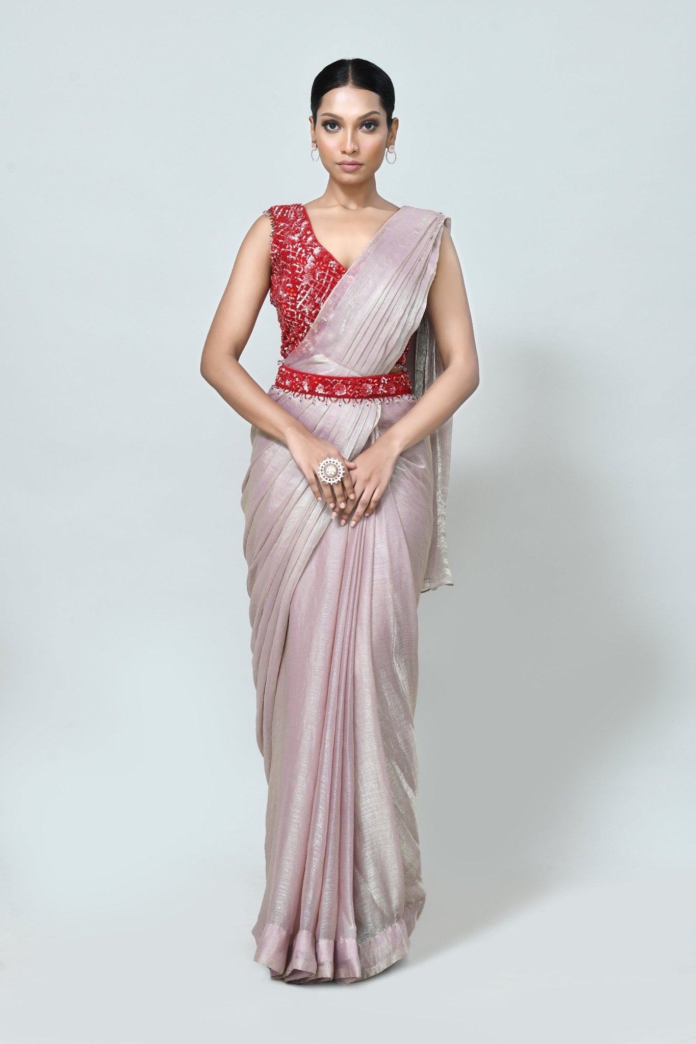 Designer Wear Light Pink Shimmer Chiffon Drape Saree - Simaaya