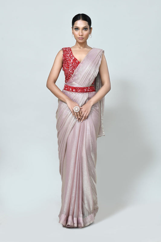 Designer Wear Light Pink Shimmer Chiffon Drape Saree - Simaaya