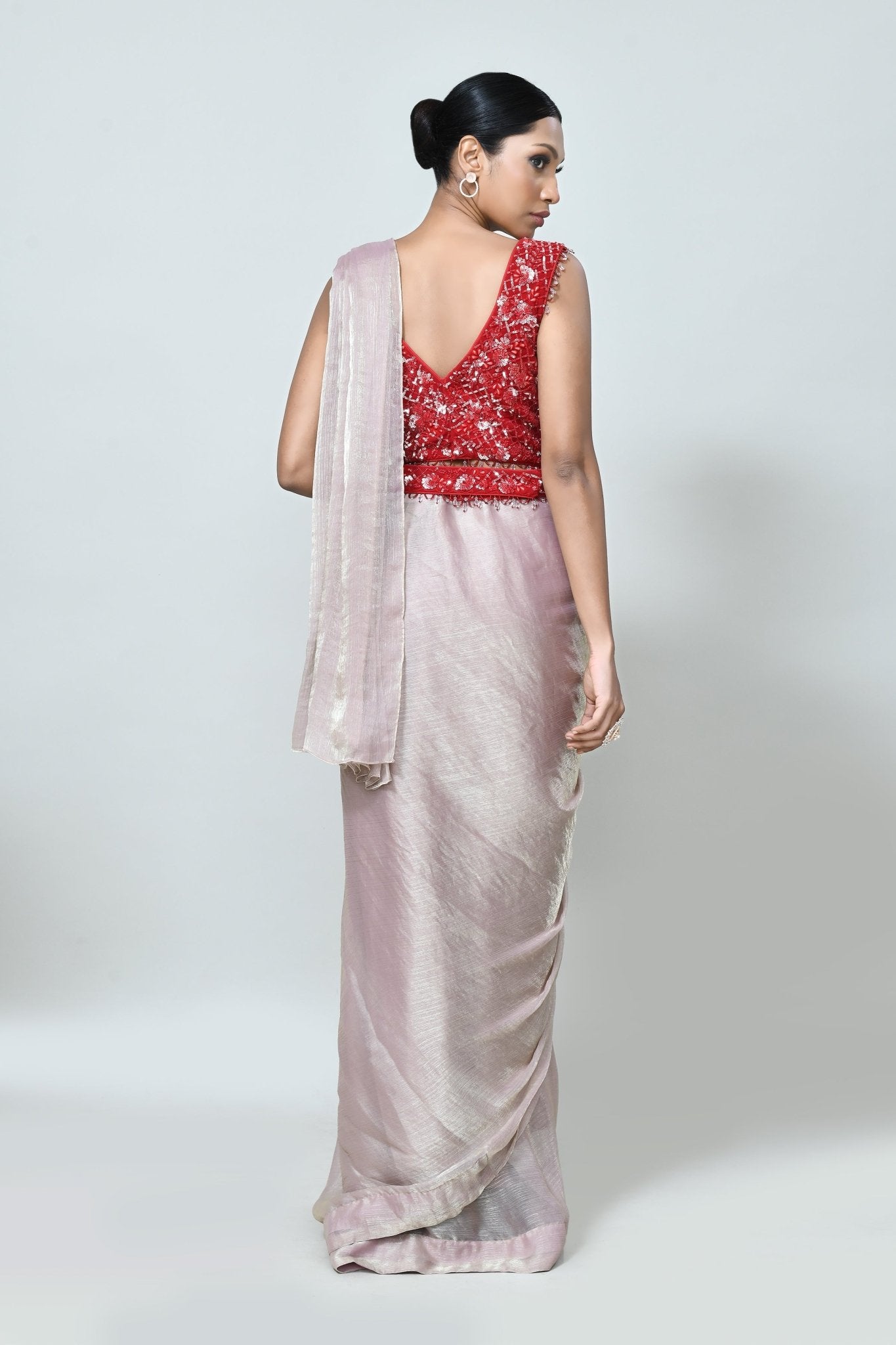 Designer Wear Light Pink Shimmer Chiffon Drape Saree - Simaaya