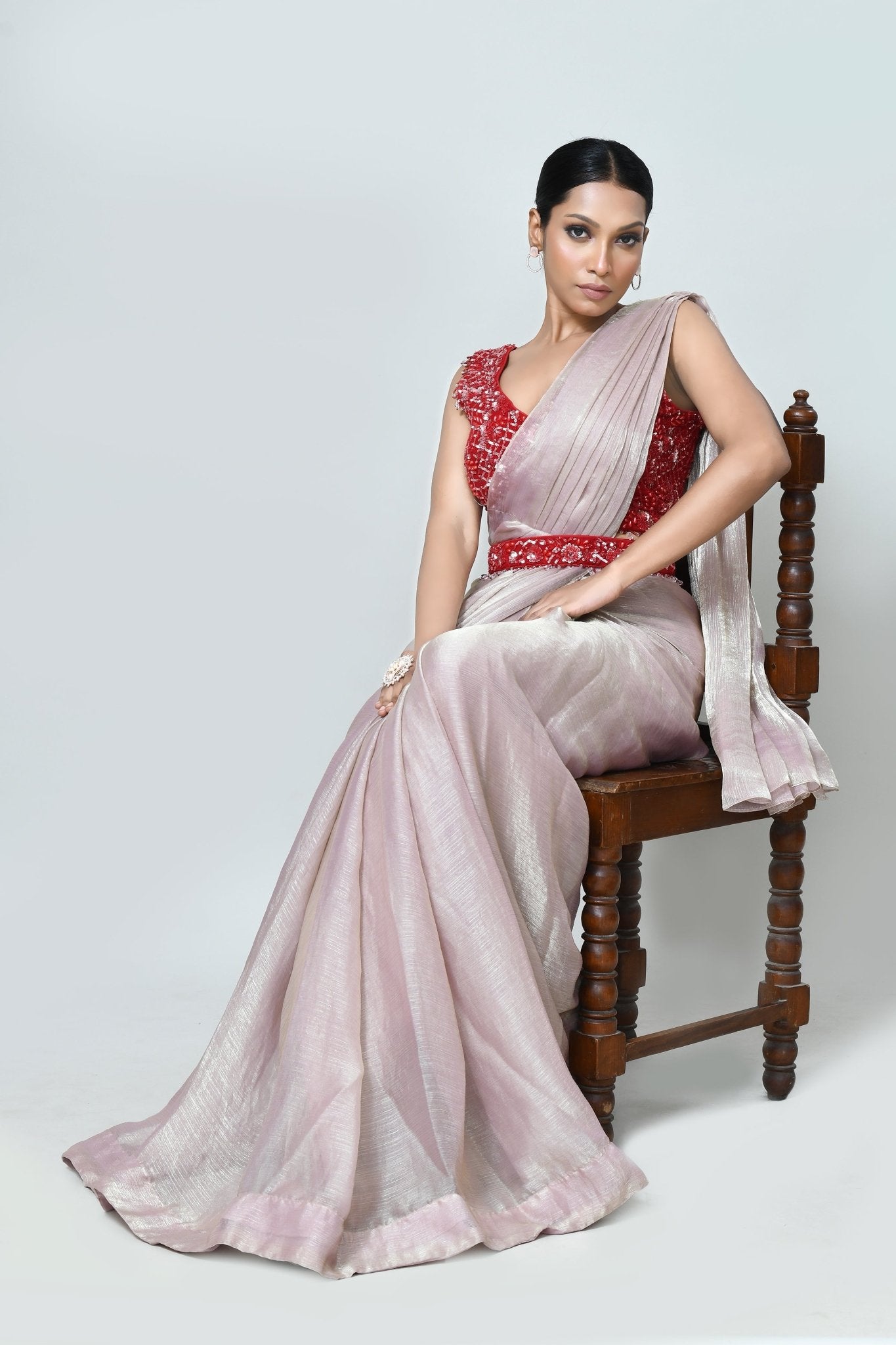 Designer Wear Light Pink Shimmer Chiffon Drape Saree - Simaaya
