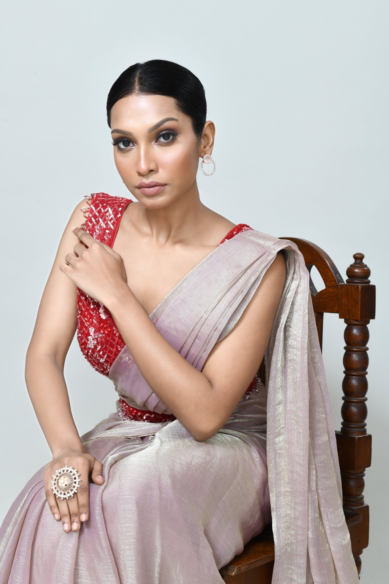 Designer Wear Light Pink Shimmer Chiffon Drape Saree - Simaaya