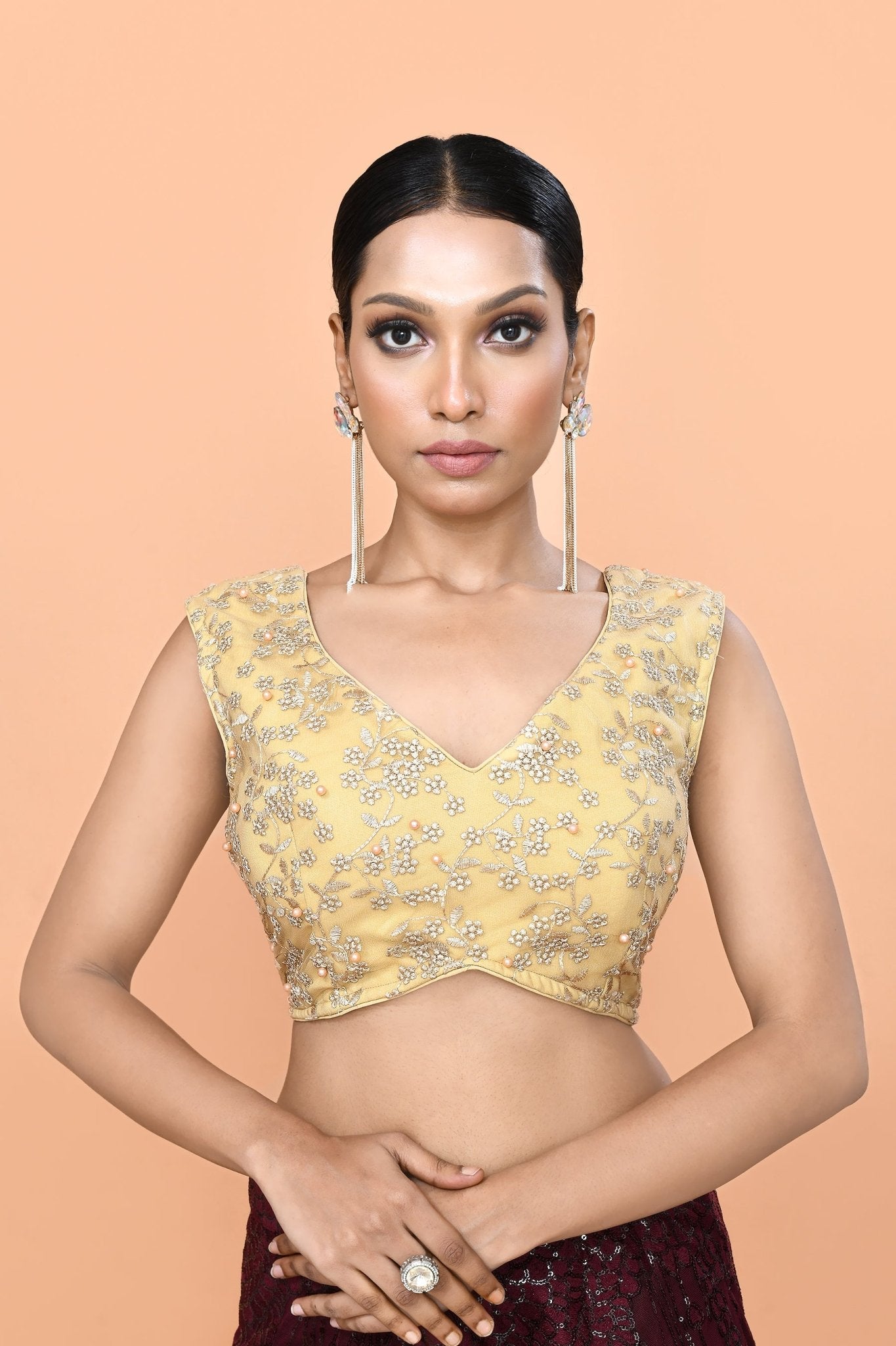 Designer Wear Maroon Net Palazzo With Golden Crop Top Set - Simaaya