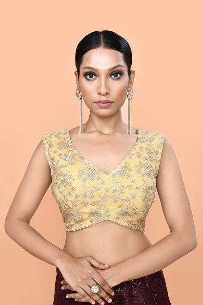 Designer Wear Maroon Net Palazzo With Golden Crop Top Set - Simaaya