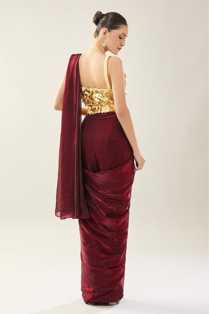 Designer Wear Maroon Pre-Draped Saree Set - Simaaya