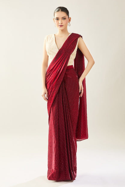 Designer Wear Maroon Pre-draped Saree Set - Simaaya