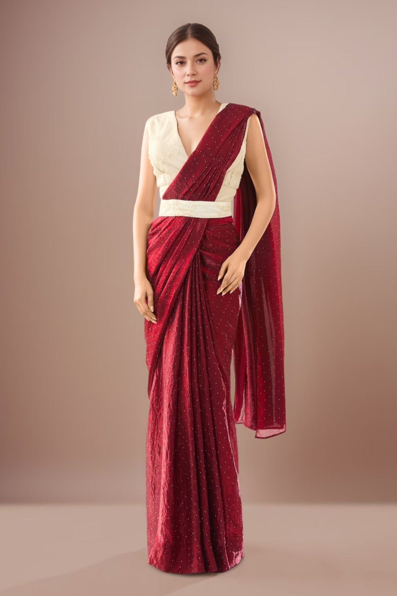 Designer Wear Maroon Pre-draped Saree Set - Simaaya