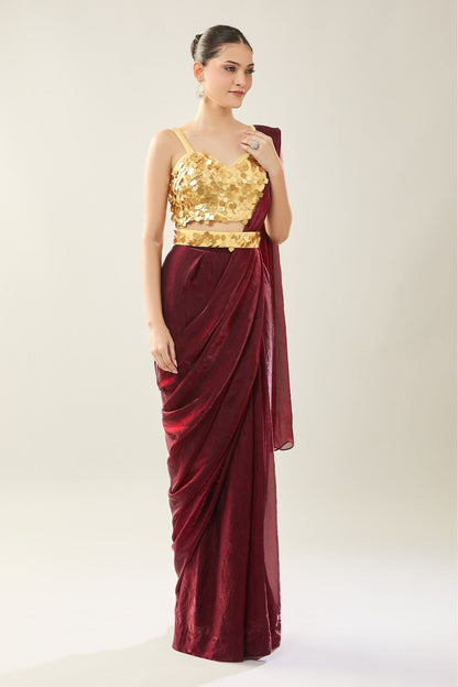 Designer Wear Maroon Pre-Draped Saree Set - Simaaya
