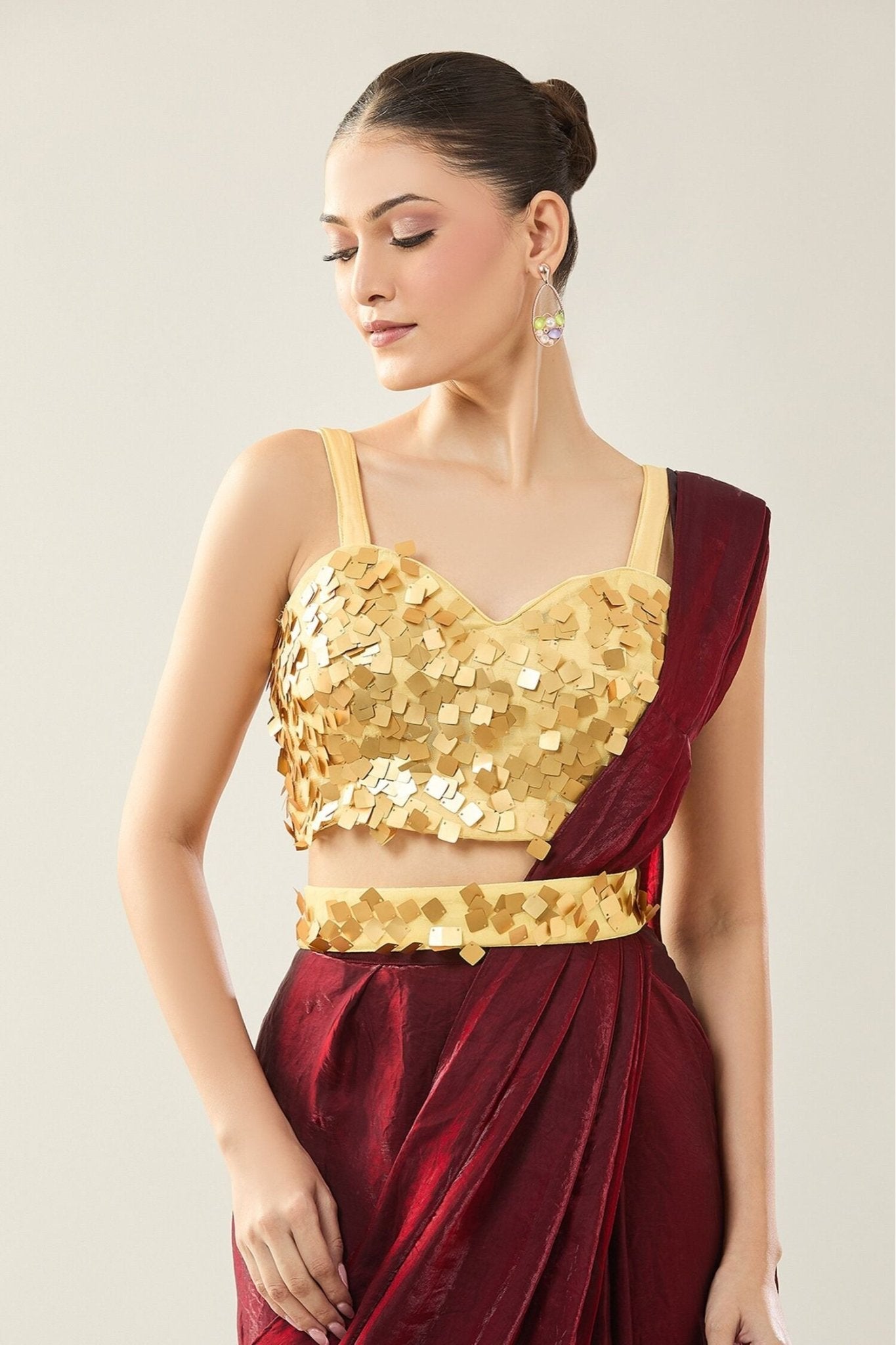 Designer Wear Maroon Pre-Draped Saree Set - Simaaya