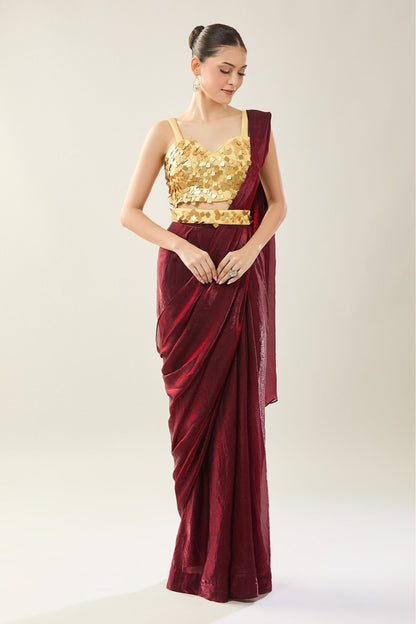 Designer Wear Maroon Pre-Draped Saree Set - Simaaya