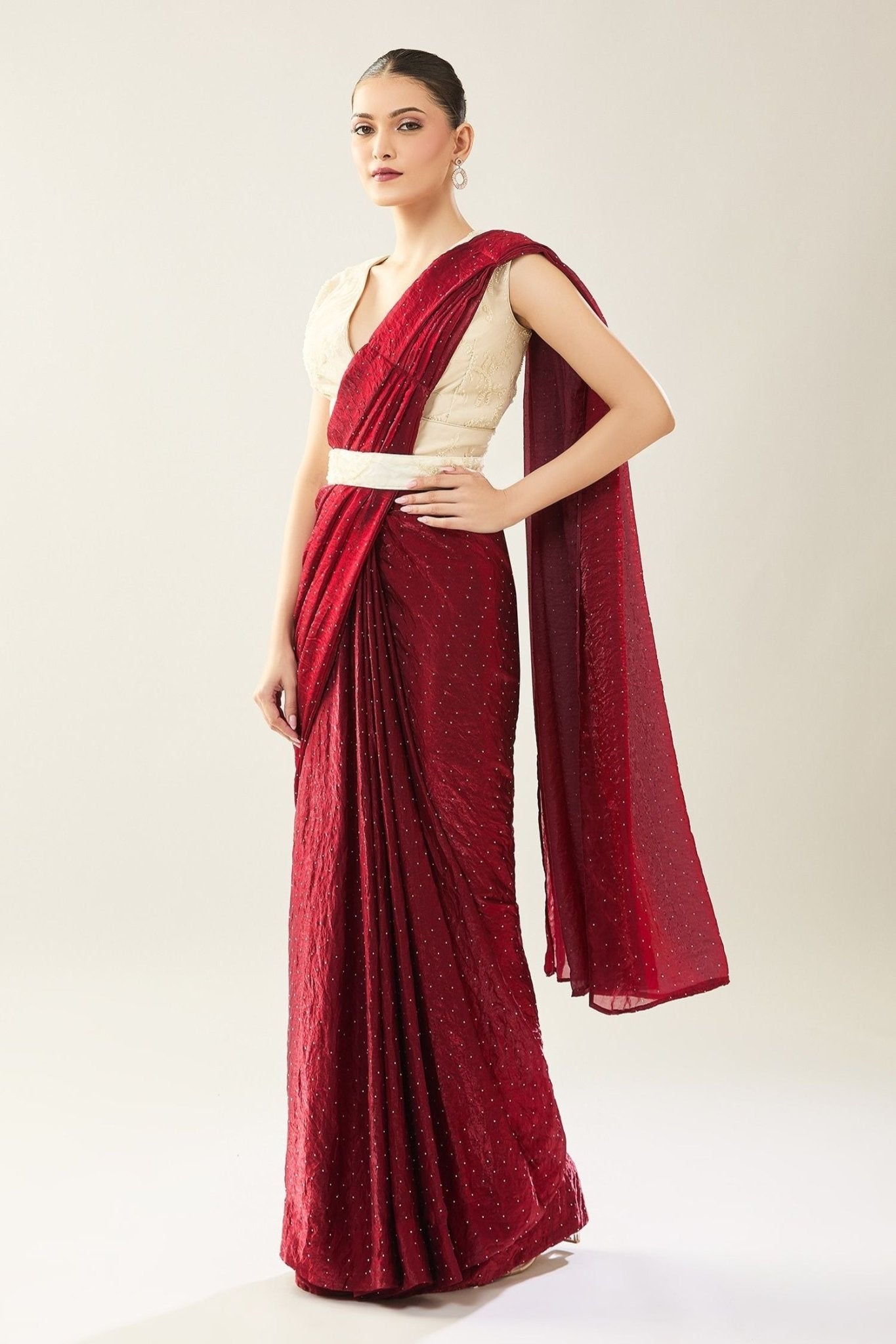 Designer Wear Maroon Pre-draped Saree Set - Simaaya