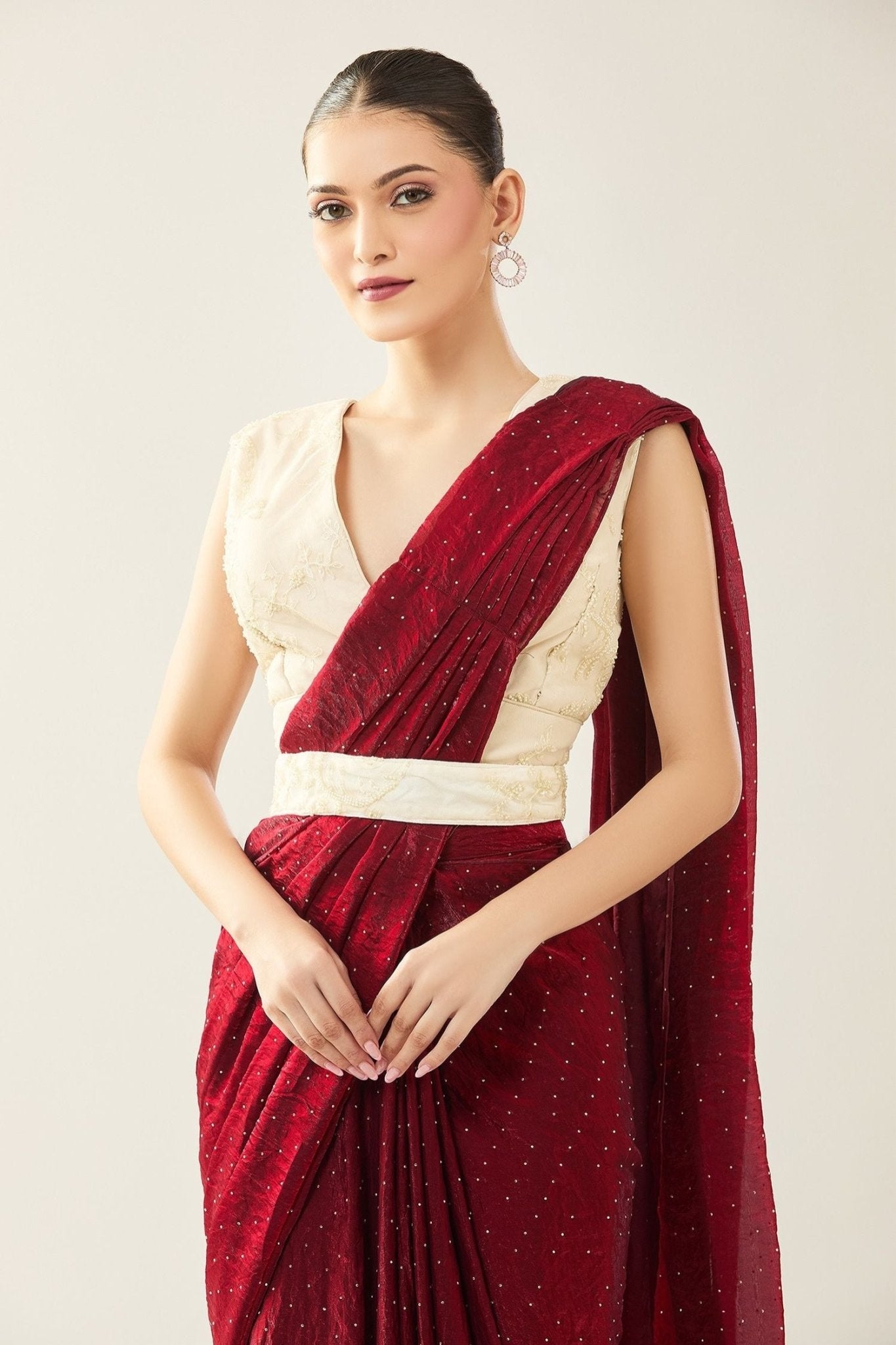 Designer Wear Maroon Pre-draped Saree Set - Simaaya