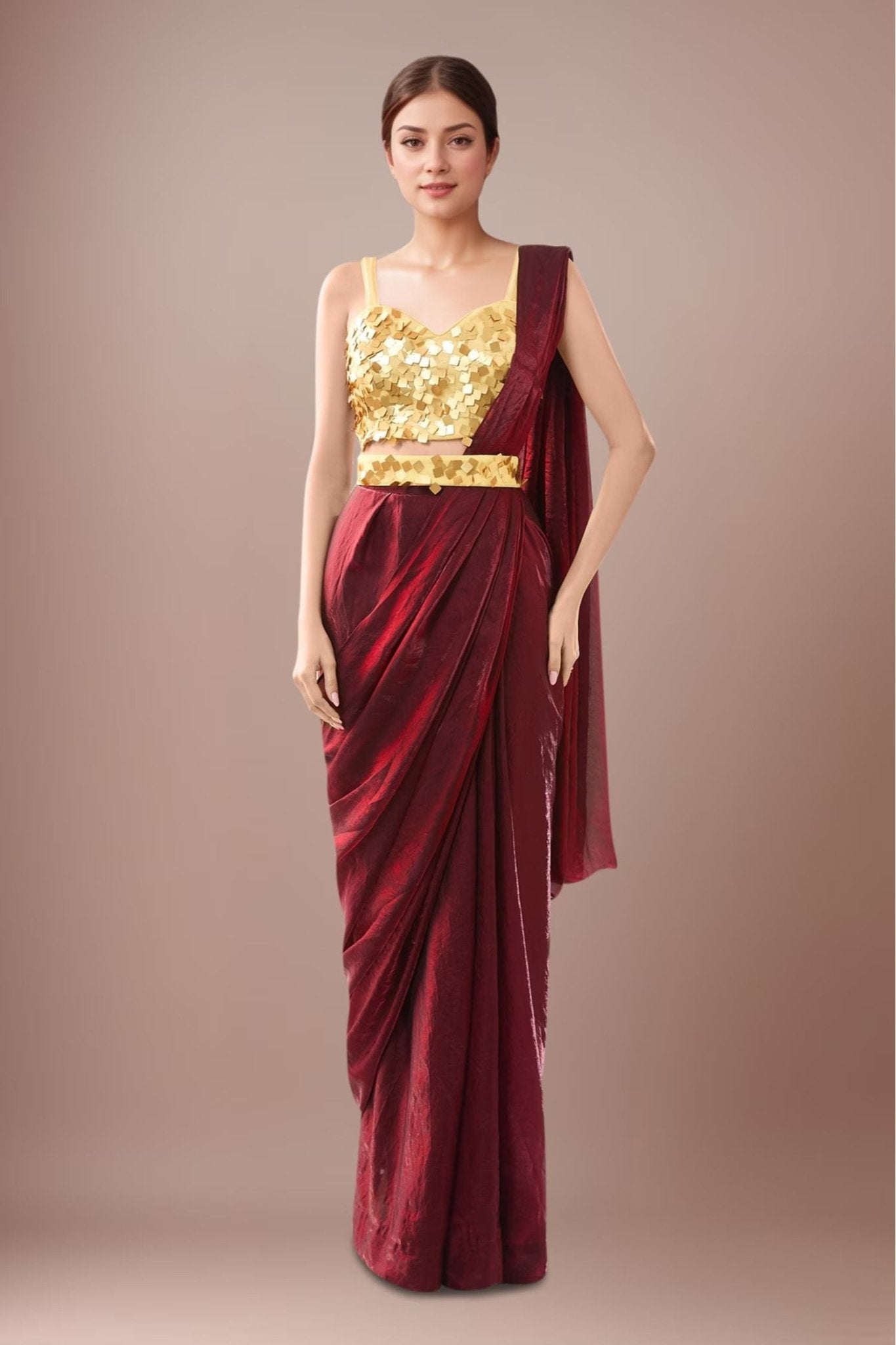 Designer Wear Maroon Pre-Draped Saree Set - Simaaya