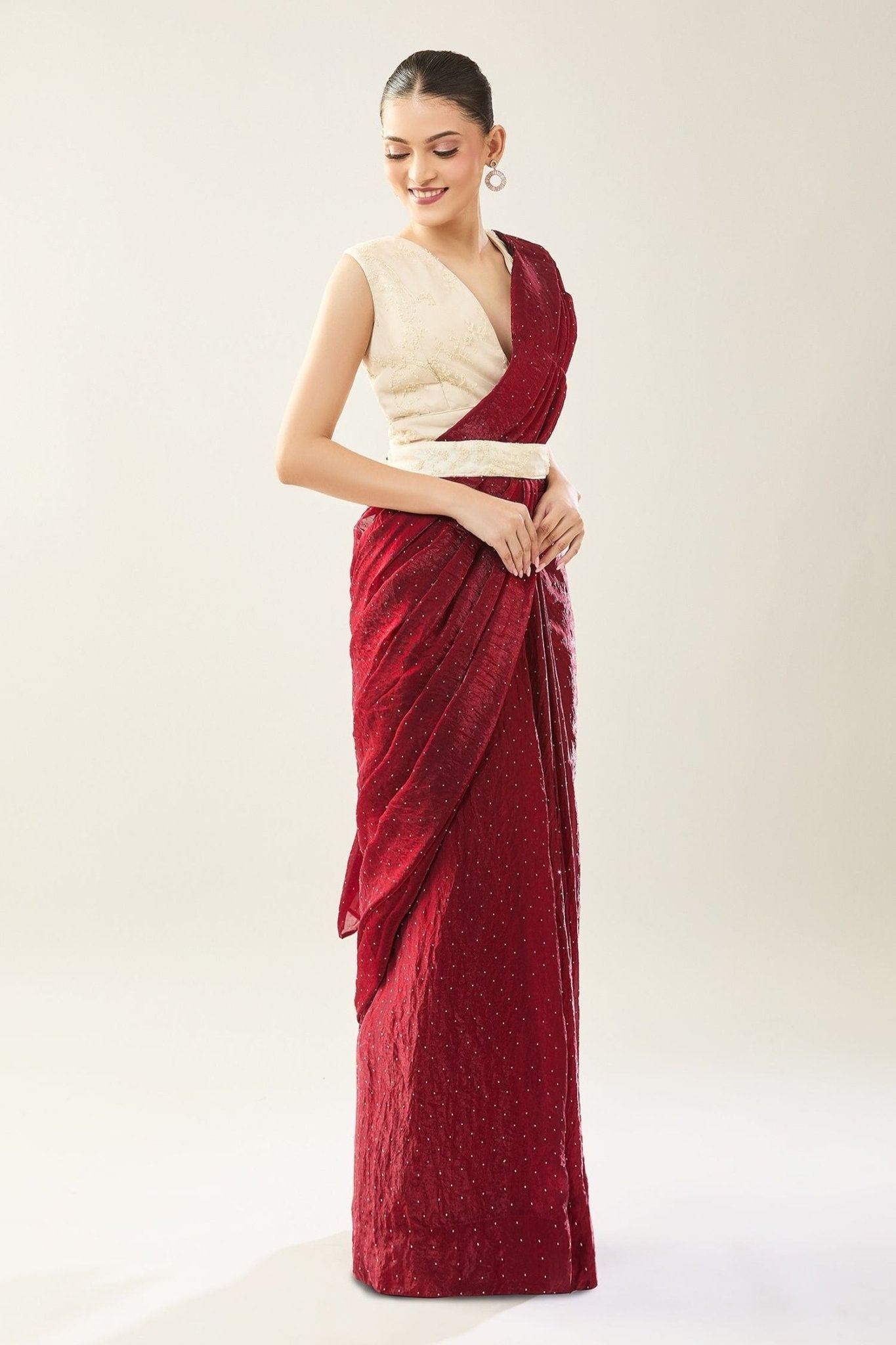 Designer Wear Maroon Pre-draped Saree Set - Simaaya