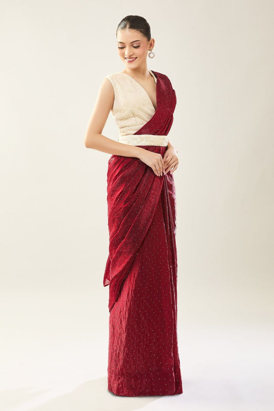 Designer Wear Maroon Pre-draped Saree Set - Simaaya