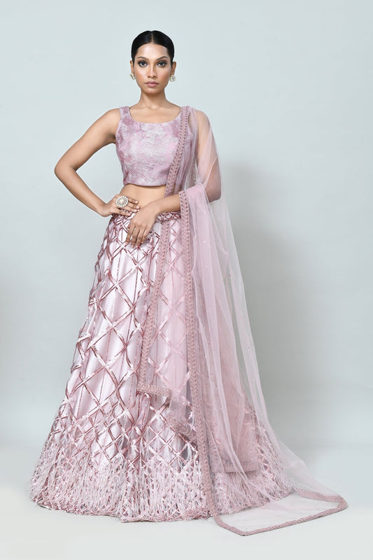Designer Wear Mauve Net Lehenga Set - Simaaya