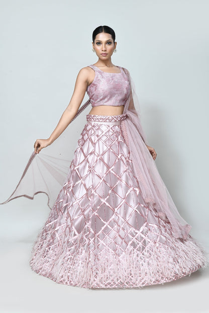 Designer Wear Mauve Net Lehenga Set - Simaaya