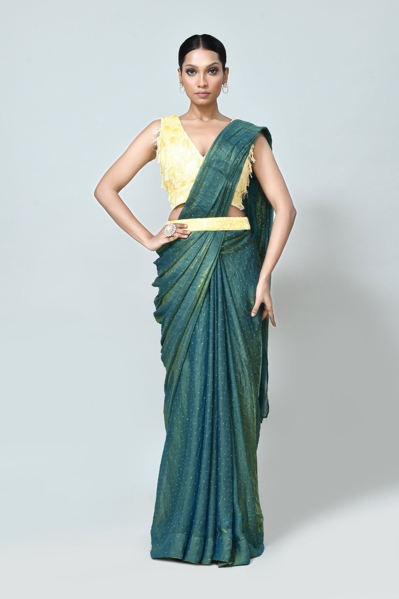 Designer Wear Metallic Green Diamond Silk Drape Saree - Simaaya