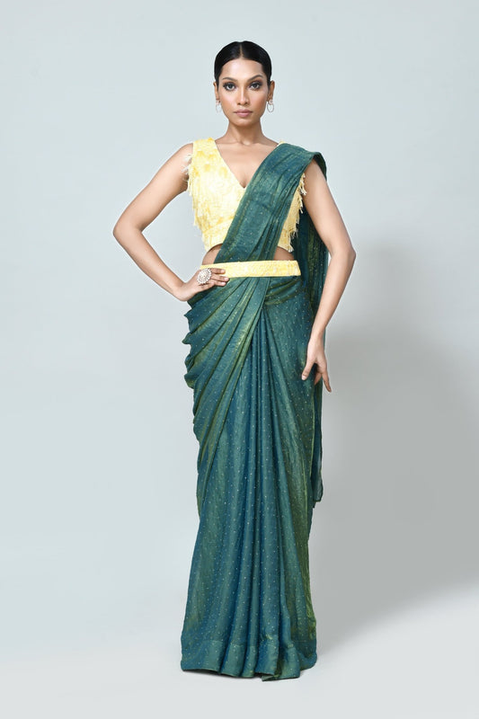 Designer Wear Metallic Green Diamond Silk Drape Saree - Simaaya