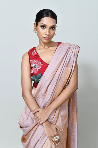 Designer Wear Metallic Pink Drape Saree Set - Simaaya