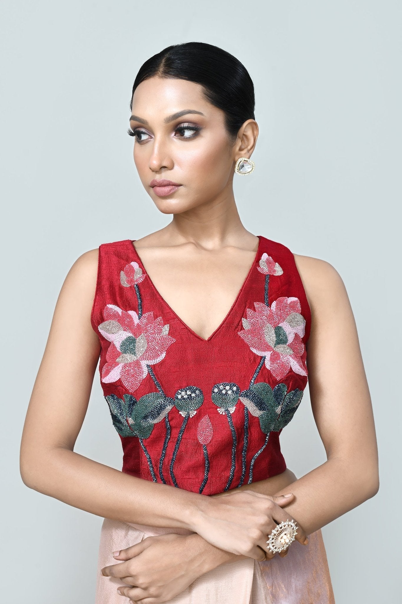 Designer Wear Metallic Pink Drape Saree Set - Simaaya