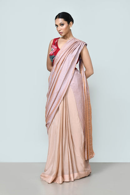 Designer Wear Metallic Pink Drape Saree Set - Simaaya