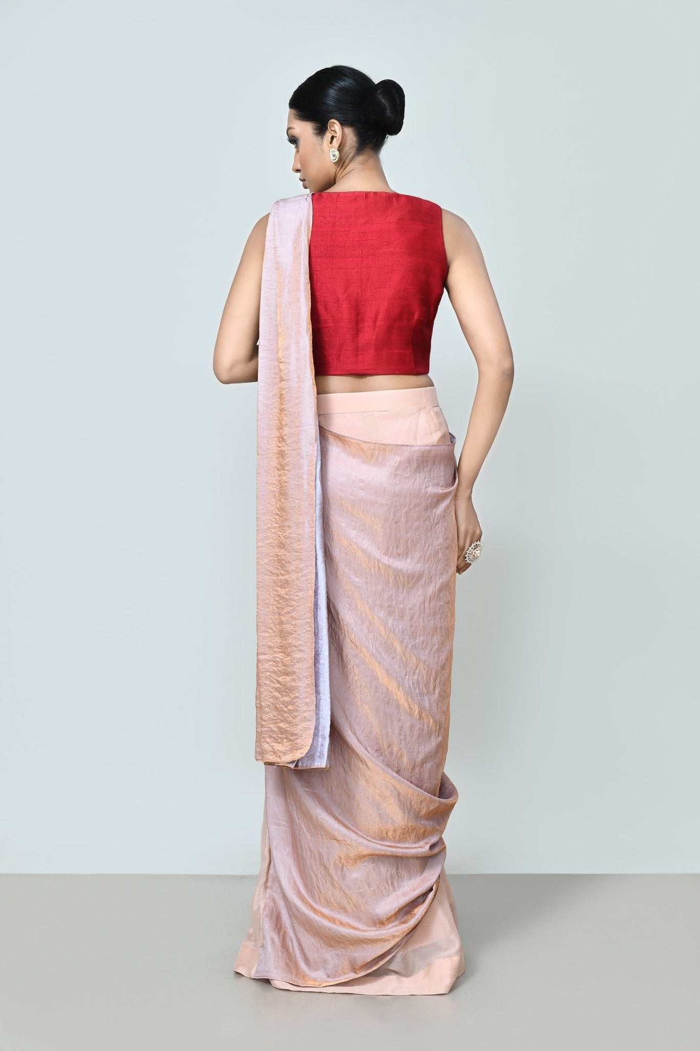 Designer Wear Metallic Pink Drape Saree Set - Simaaya