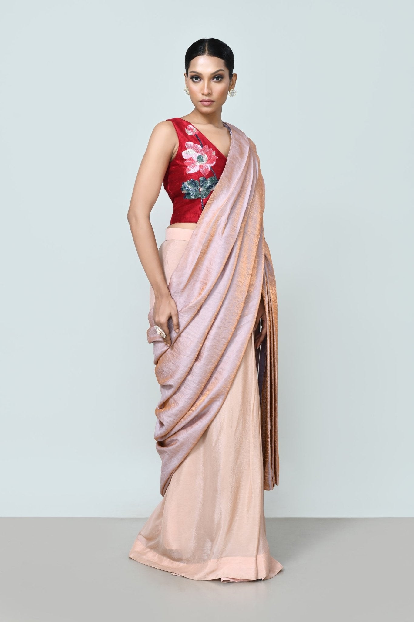 Designer Wear Metallic Pink Drape Saree Set - Simaaya