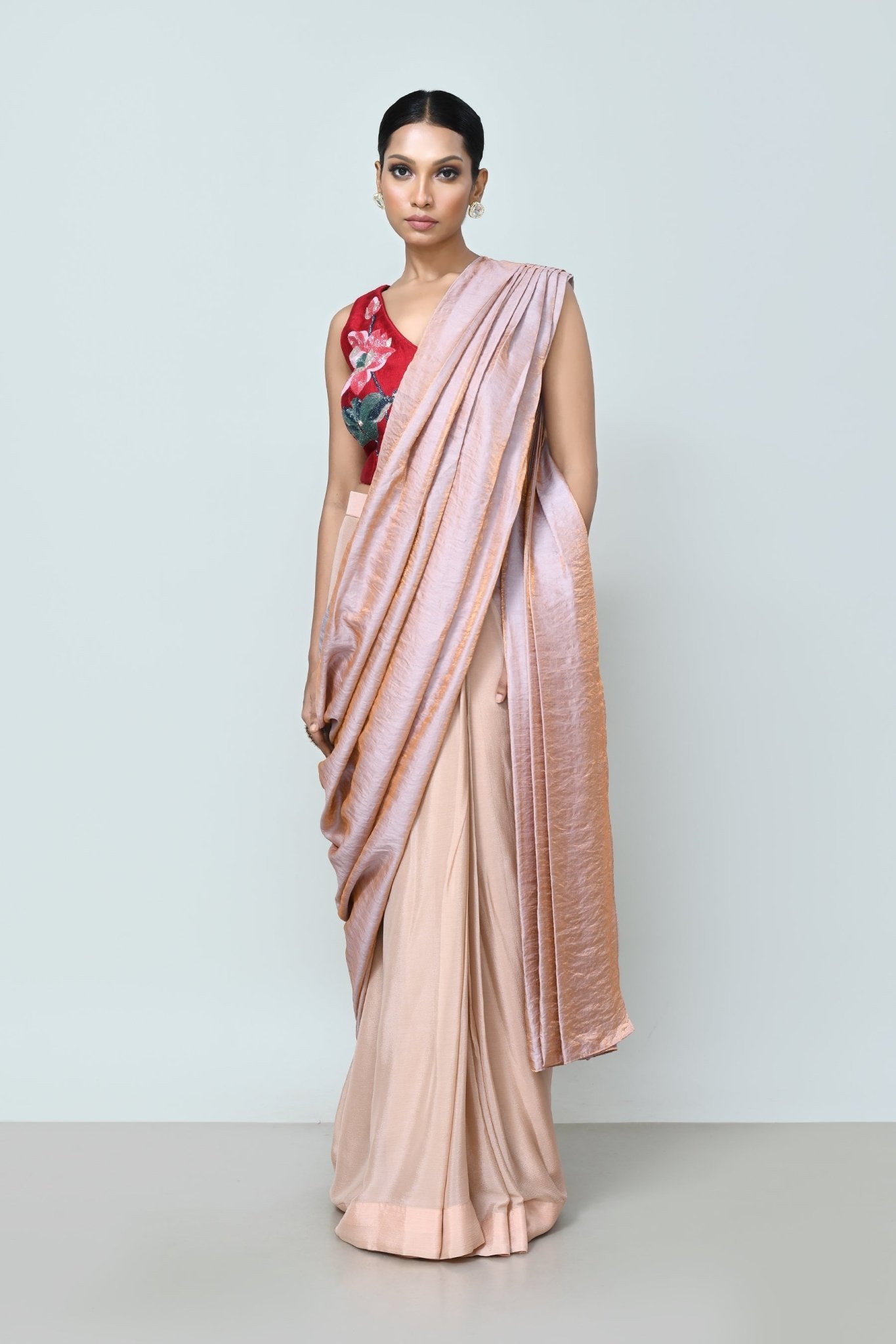 Designer Wear Metallic Pink Drape Saree Set - Simaaya