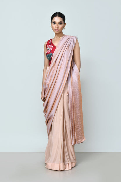 Designer Wear Metallic Pink Drape Saree Set - Simaaya