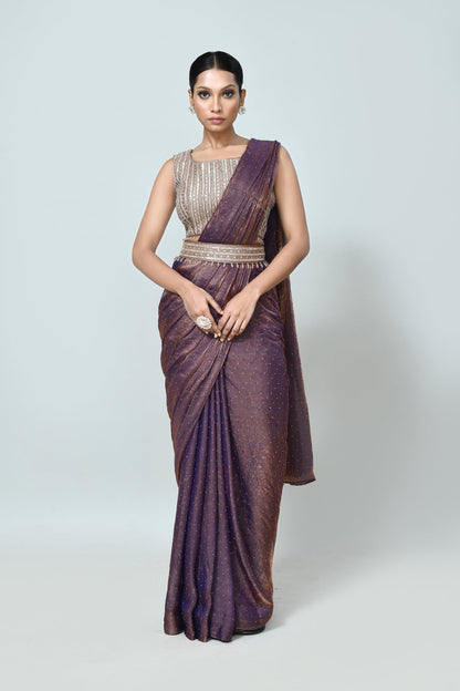 Designer Wear Metallic Purple Drape Saree - Simaaya
