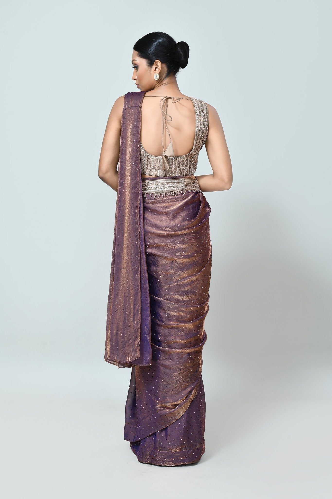 Designer Wear Metallic Purple Drape Saree - Simaaya