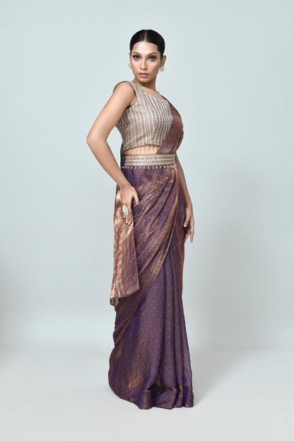 Designer Wear Metallic Purple Drape Saree - Simaaya